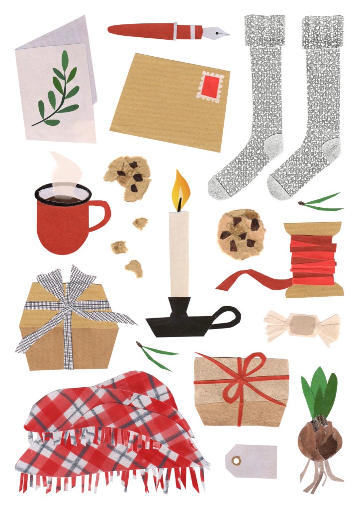 A colorful, naive, cut paper illustration by Marion Erpelding showing a collection of objects for a cozy advent: a Christmas card, an envelope with a stamp, a pen, a pair of wool socks, a red enamel cup with smoking coffee, cookies, a candle, a bobin of read ribbon, gifts wrapped in brown paper, a cozy red and gray plaid blanket, a gift tag and a hyacinth bulb.
